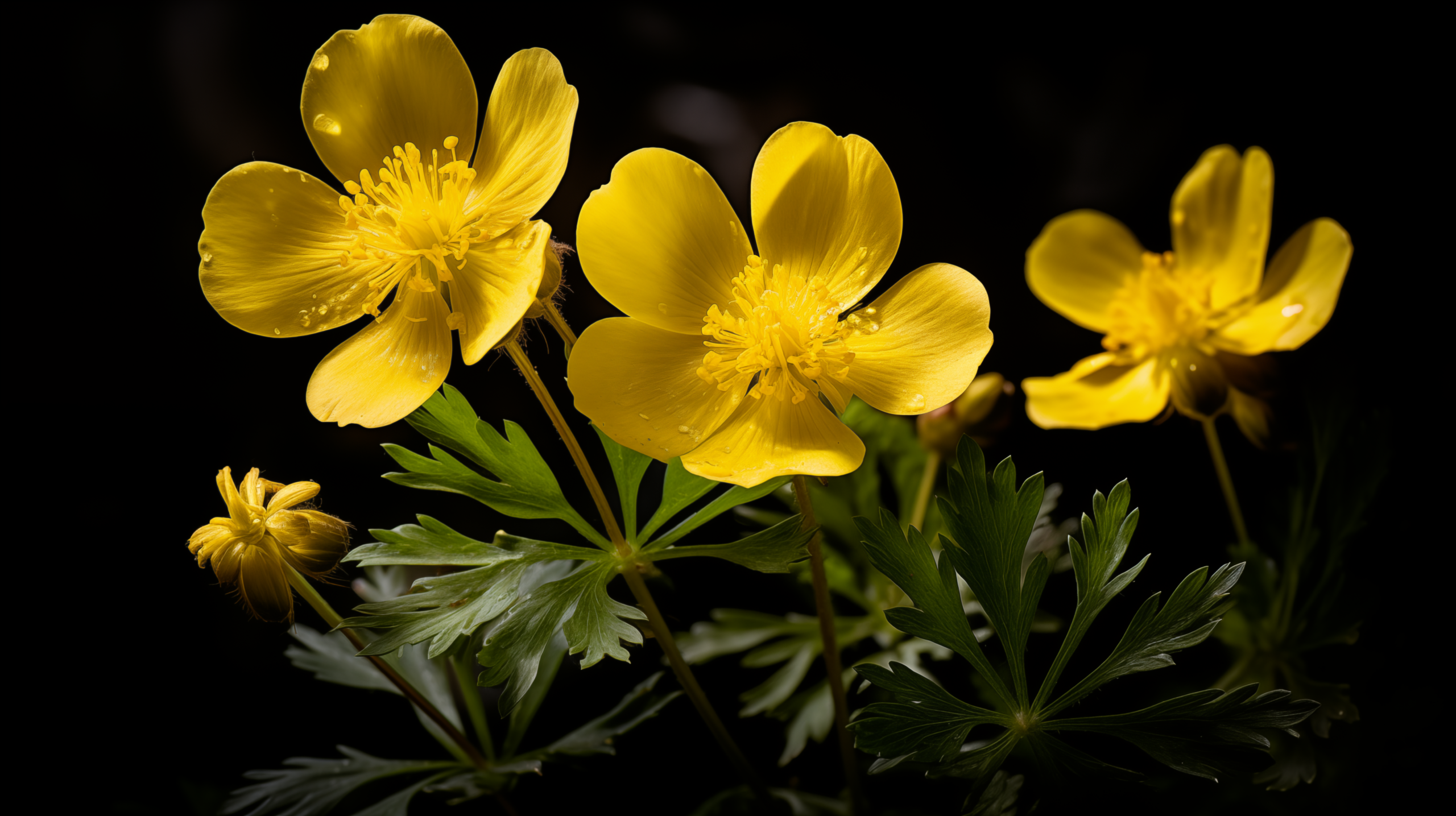 Foto von der gelben Bergblume Gold-Fingerkaut, mehrere Blumen vor schwarzem Hintergrund