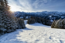 Morgensonne in verschneiten Alpen