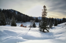Holzhütte in den schneebedeckten Alpen
