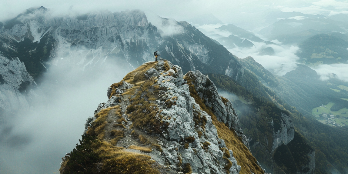 Mann auf dem Gipfel eines Berges der schönsten Wanderungen in Österreich