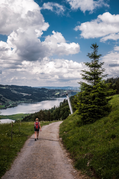 woman in red jacket walking on pathway near green trees and body of water during daytime