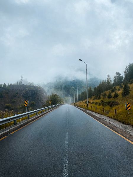 a road with a foggy sky and some trees