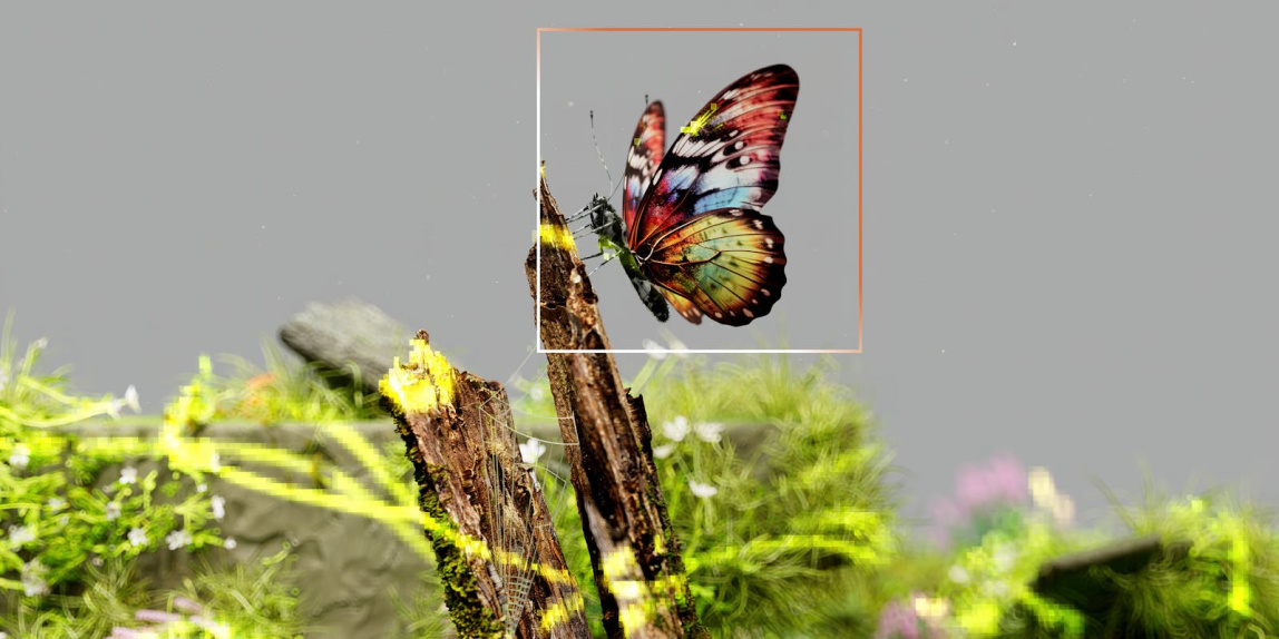 Vibrant butterfly resting on mossy wood surrounded by fresh greenery.