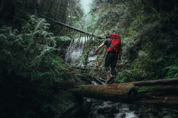 a man with a red backpack crosses a bridge over a stream