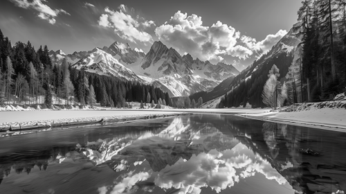 Schwarz-Weiß-Foto einers Bergkette hinter einem See