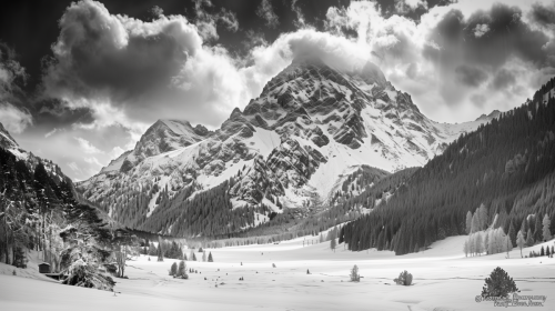 Schwarz-Weiß-Foto eines Bergmassivs im Schnee